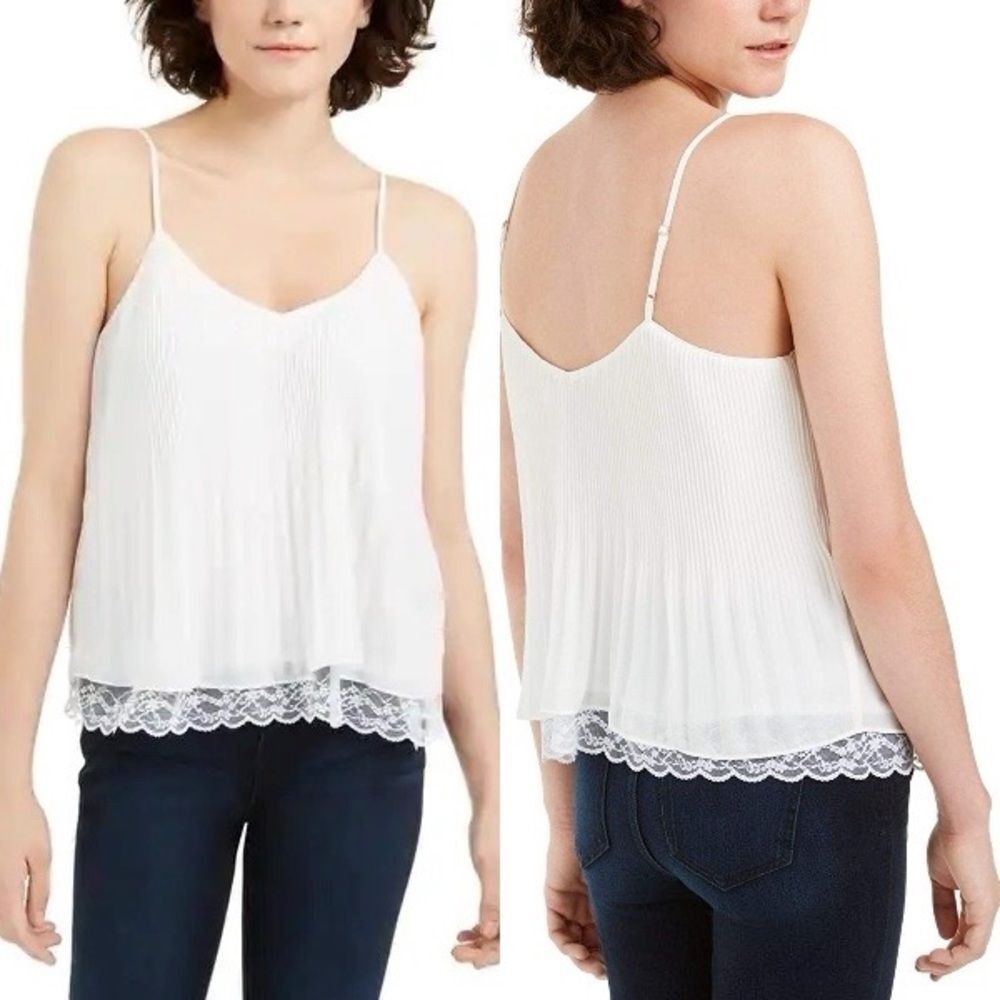 Q+a Los Angeles Womens White Sheer Ruffled Spaghetti Strap Top